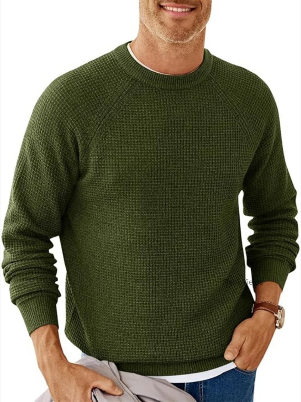 Mens Crew Neck Pullover Sweater Waffle Long Sleeve Thermal Textured Knit